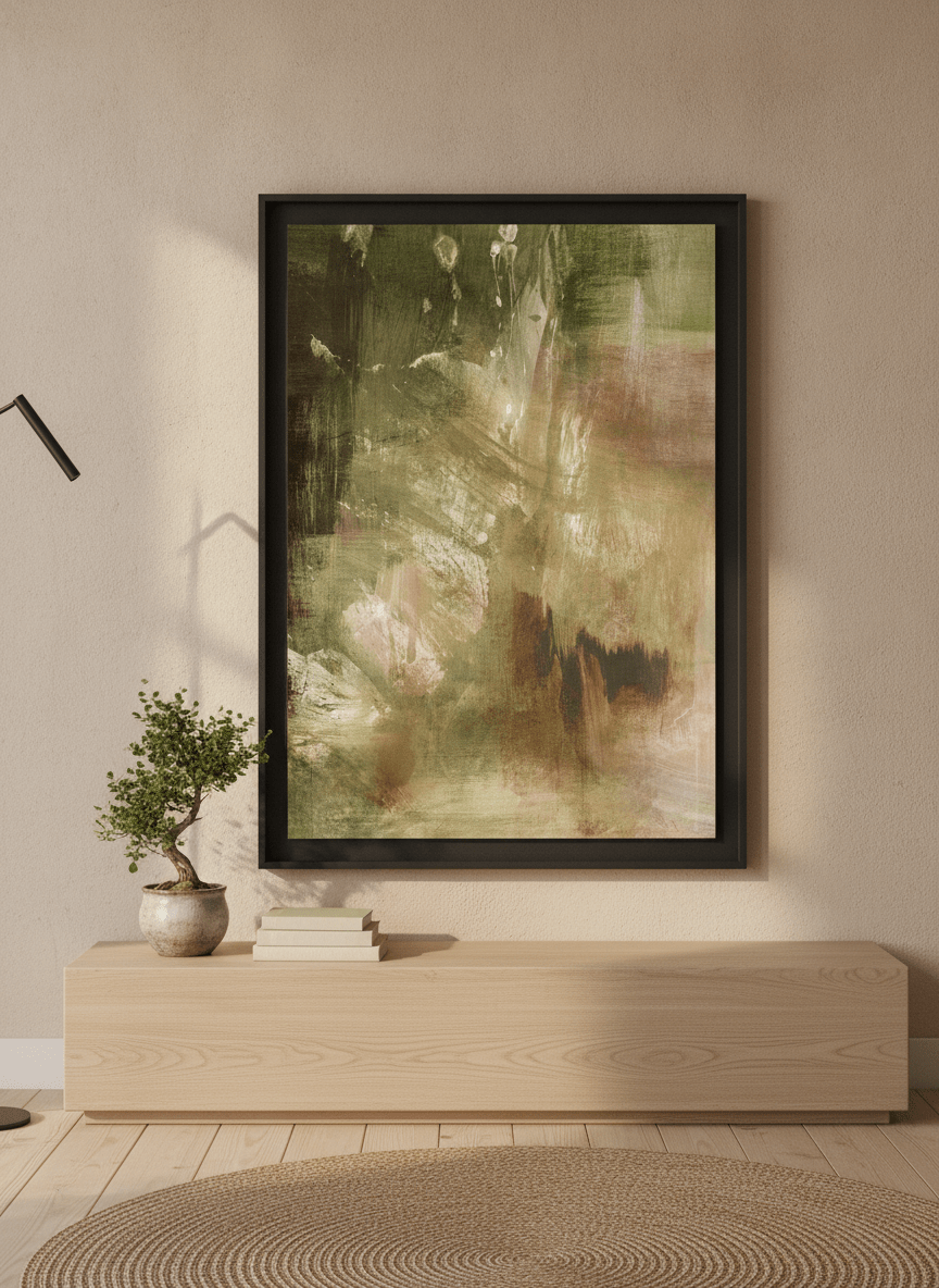 Modern wall art print standing on a sideboard in a warm Japandi bedroom
