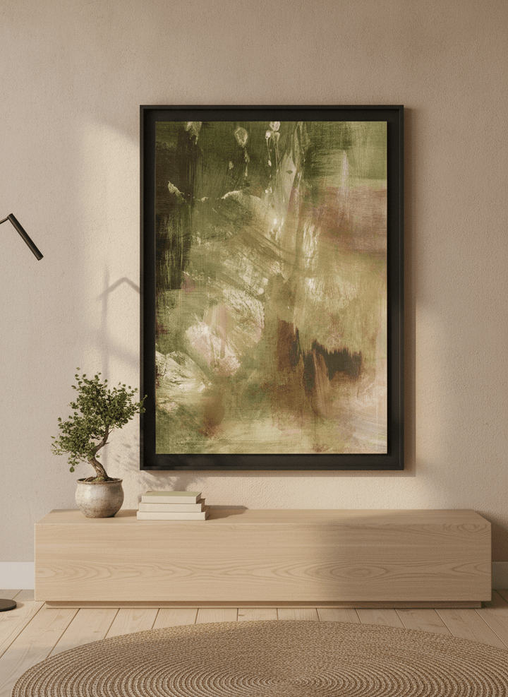 Modern wall art print standing on a sideboard in a warm Japandi bedroom