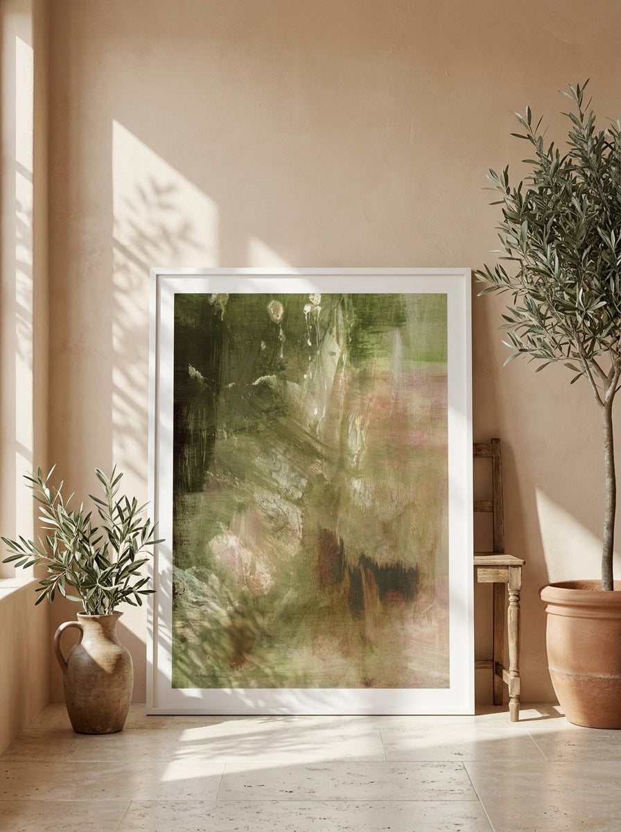 Modern wall art print leaning against the wall in a Mediterranean home office