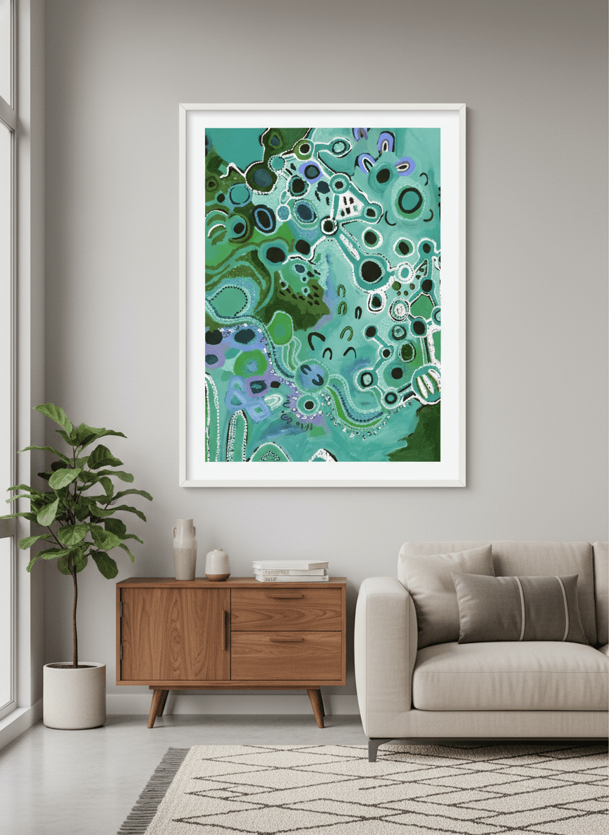 Modern wall art styled above a sofa in a neutral living room