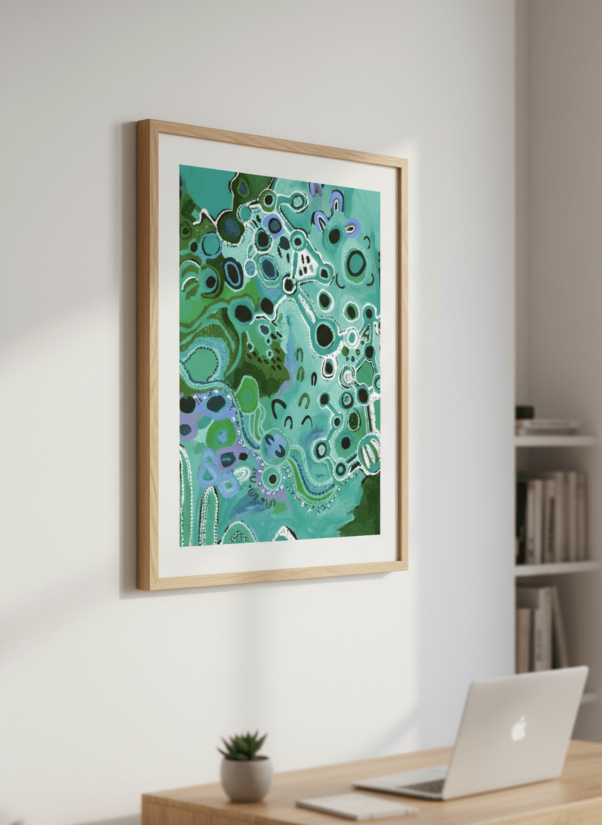 Contemporary wall art featured in a bright modern office workspace