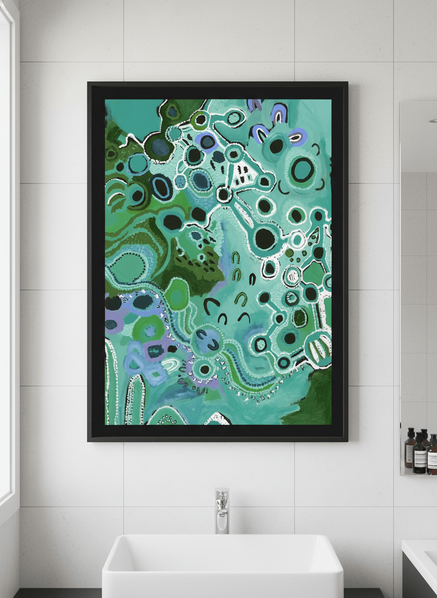 Modern print displayed in a clean minimalist bathroom setting