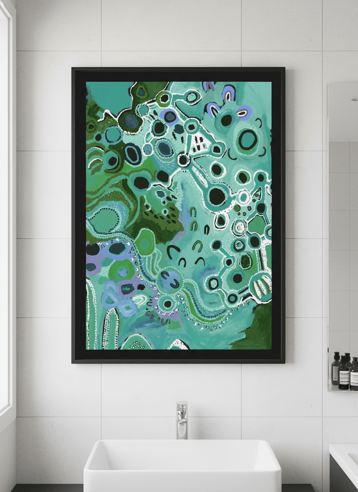 Modern print displayed in a clean minimalist bathroom setting