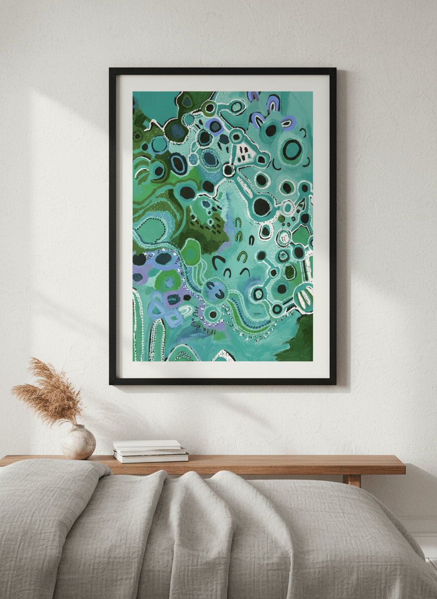 Minimalist artwork displayed in a calm, light-filled bedroom interior