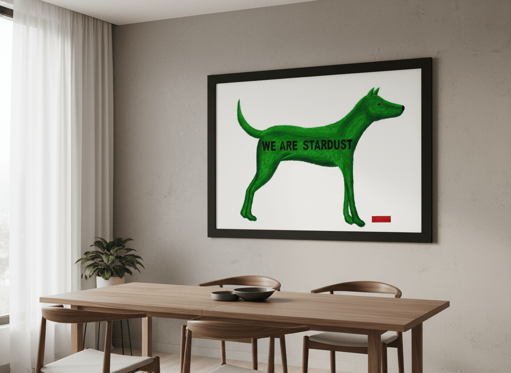 Wall art styled above a dining table in a contemporary home