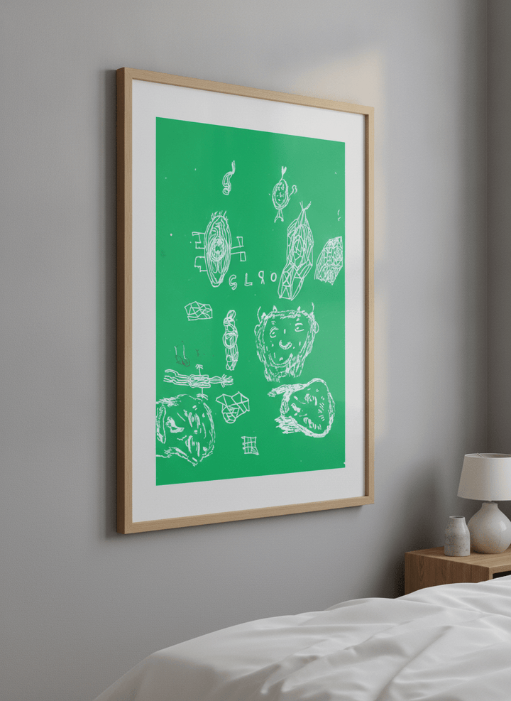 Minimalist artwork displayed in a calm, light-filled bedroom interior
