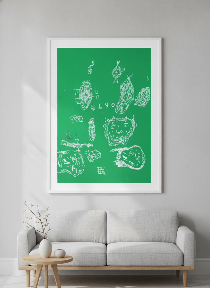 Modern wall art styled above a sofa in a neutral living room