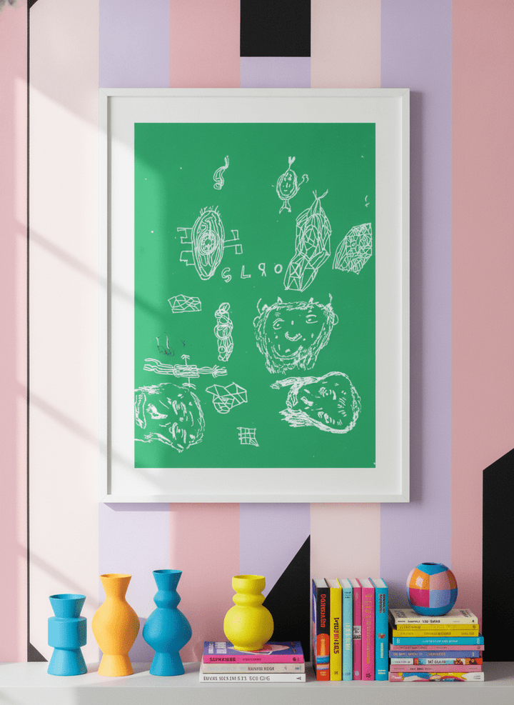 Bold wall art styled in a colourful, eclectic modern home