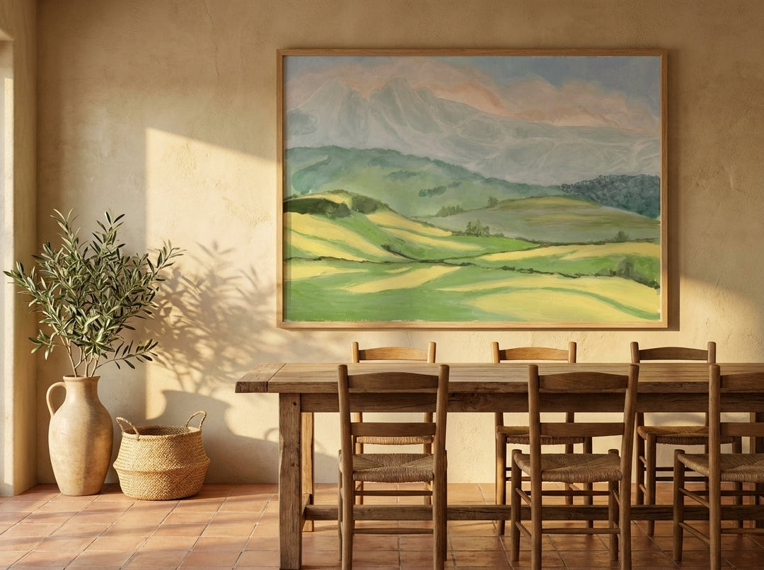 Oversized statement modern wall art print styled on the wall in a Mediterranean dining room