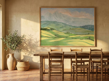 Oversized statement modern wall art print styled on the wall in a Mediterranean dining room
