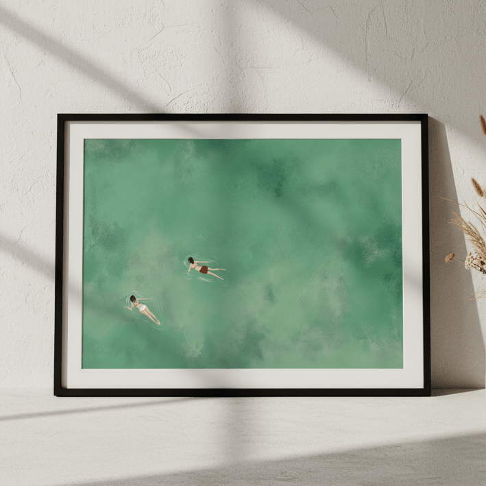 Green Ocean Swimmer Girls Coastal Wall Art Landscape wall - art - picture - poster