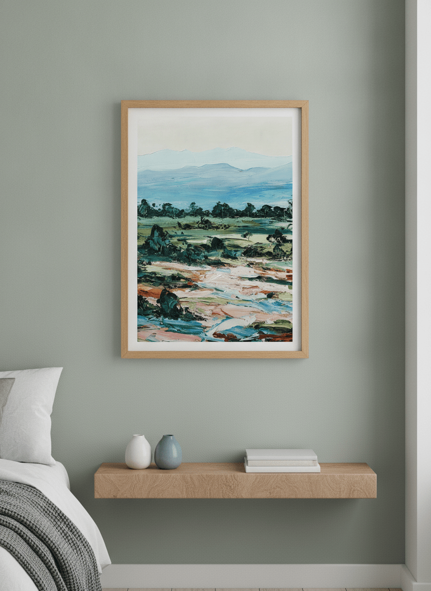 Minimalist artwork displayed in a calm, light-filled bedroom interior