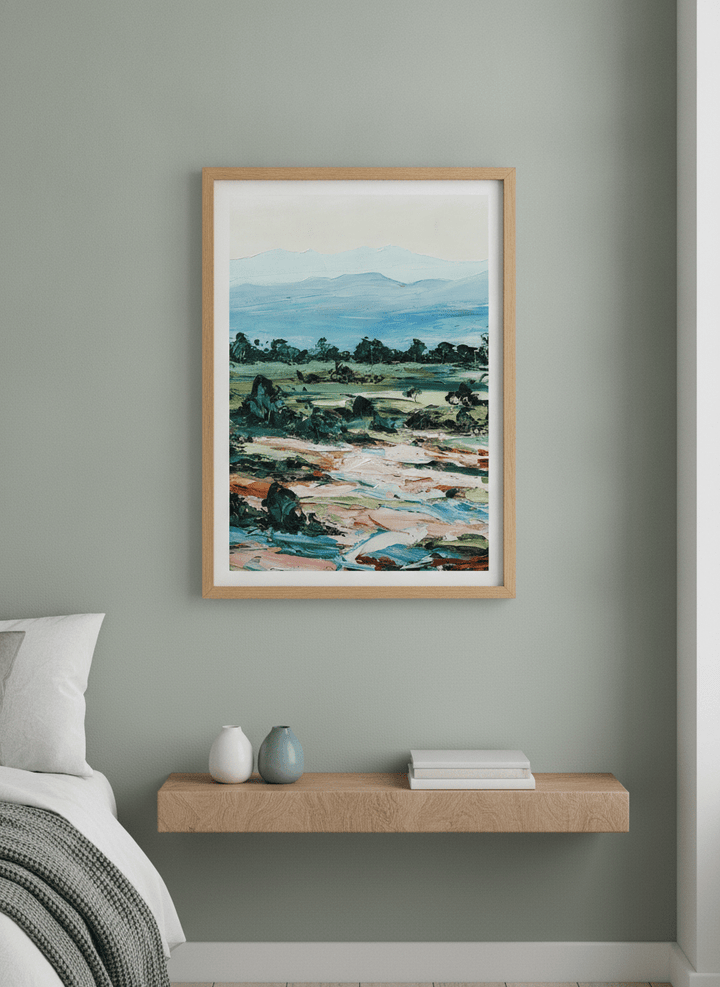 Minimalist artwork displayed in a calm, light-filled bedroom interior