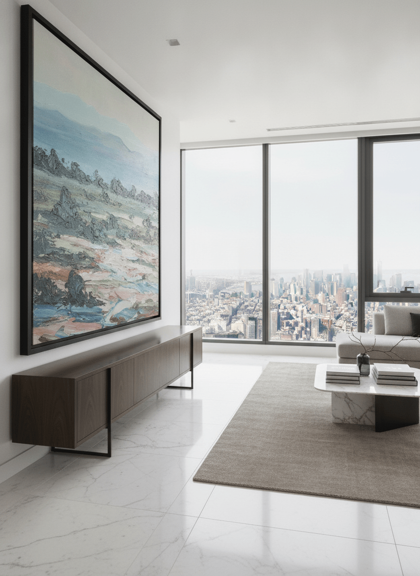 Monumental artwork centred on a feature wall in a luxe interior