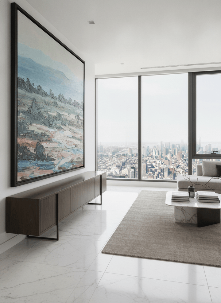 Monumental artwork centred on a feature wall in a luxe interior