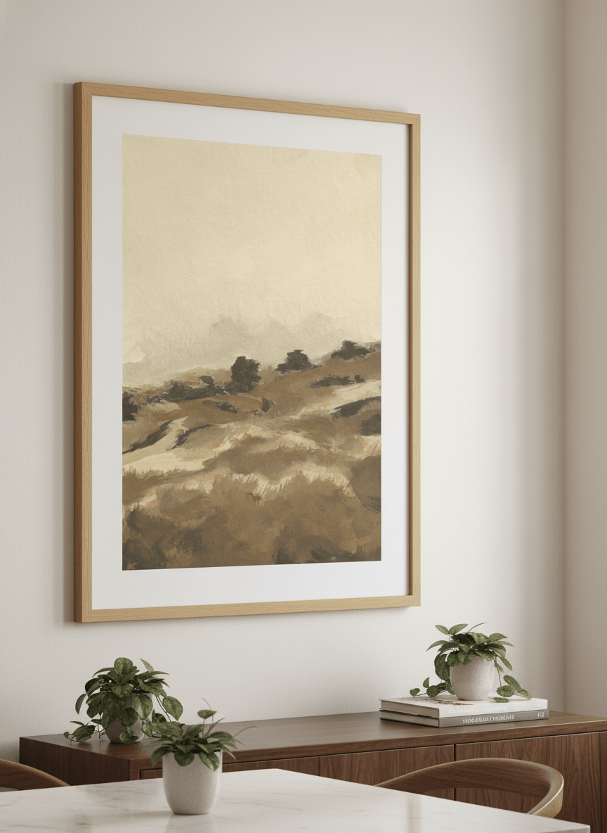 Wall art styled above a dining table in a contemporary home