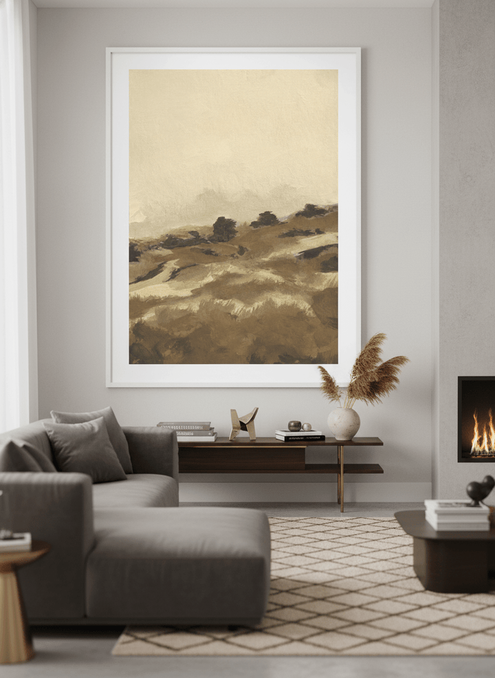 Monumental artwork centred on a feature wall in a luxe interior