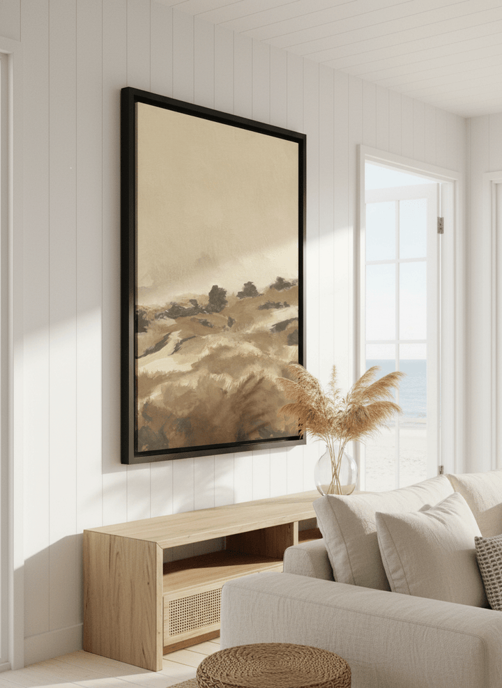 Neutral wall art displayed in a sunny coastal beach house