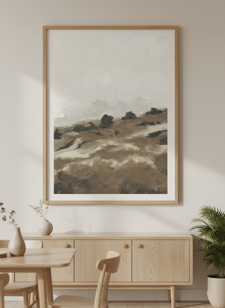 Wall art styled above a dining table in a contemporary home