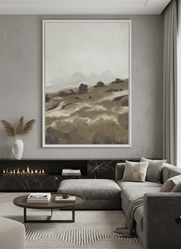 Monumental artwork centred on a feature wall in a luxe interior