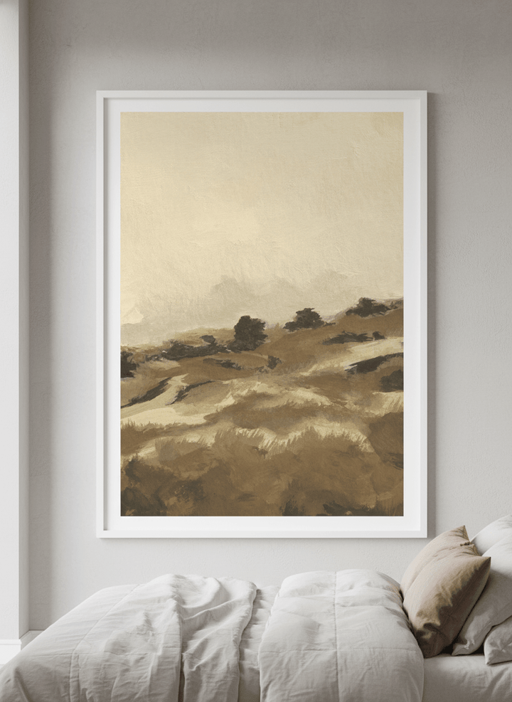 Minimalist artwork displayed in a calm, light-filled bedroom interior