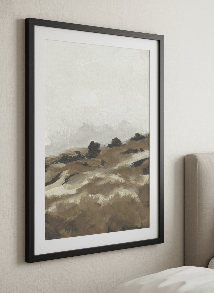 Minimalist artwork displayed in a calm, light-filled bedroom interior