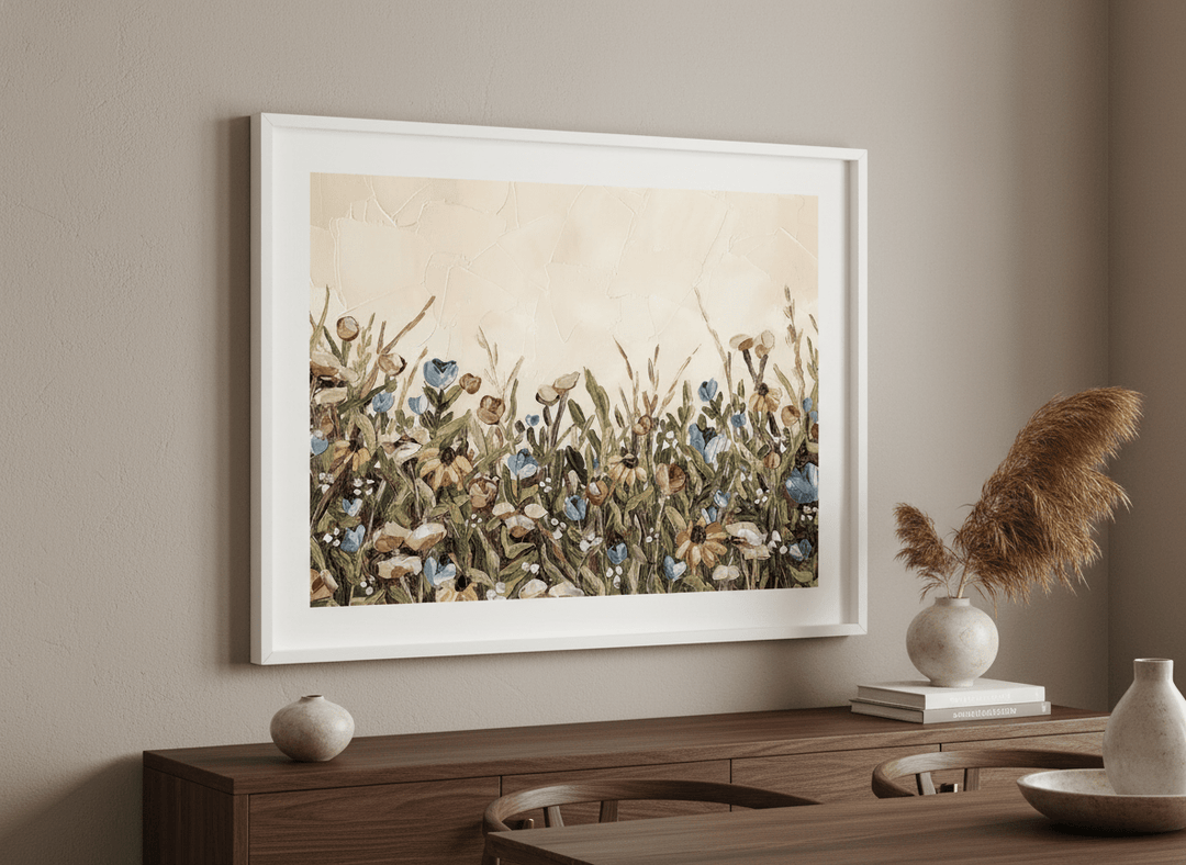 Wall art styled above a dining table in a contemporary home