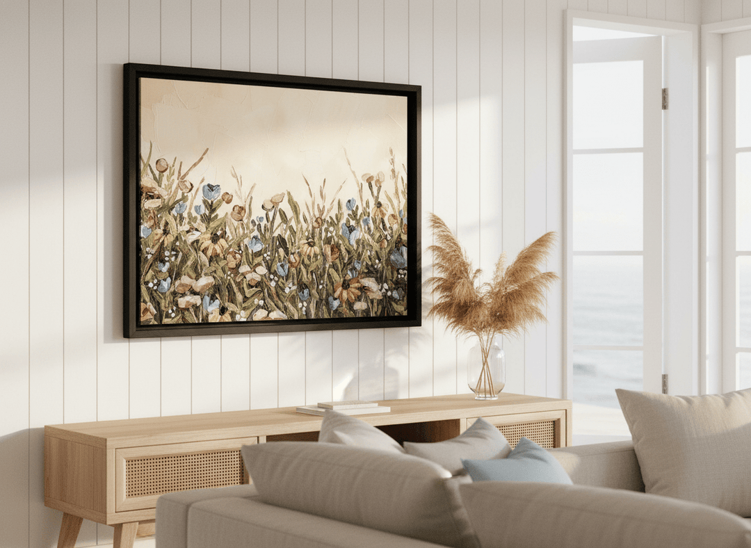 Neutral wall art displayed in a sunny coastal beach house