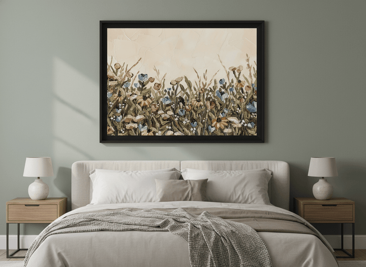Minimalist artwork displayed in a calm, light-filled bedroom interior