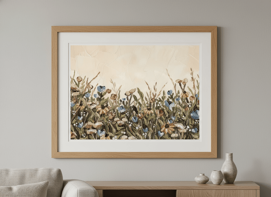 Modern wall art styled above a sofa in a neutral living room