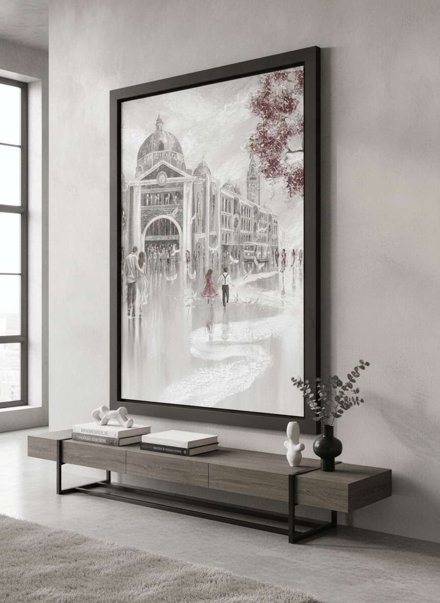 Monumental artwork centred on a feature wall in a luxe interior