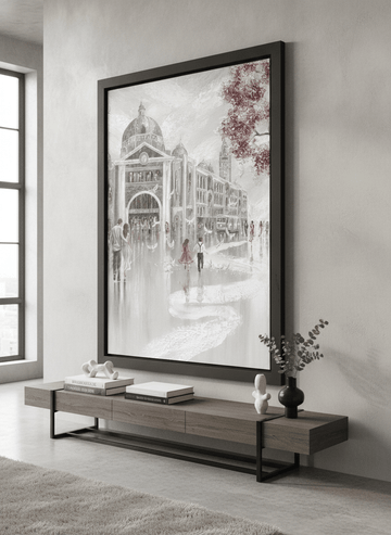 Monumental artwork centred on a feature wall in a luxe interior