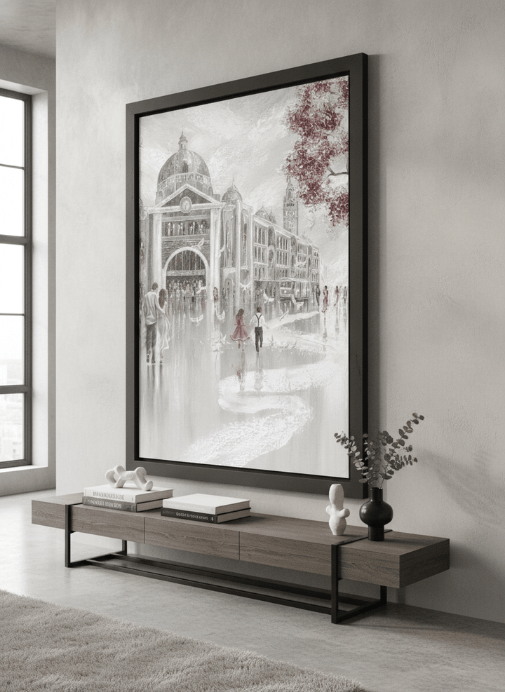 Monumental artwork centred on a feature wall in a luxe interior