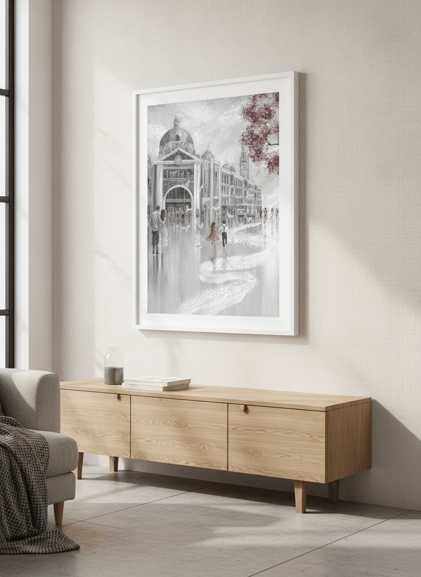 Artwork displayed above a credenza in a real-looking contemporary home
