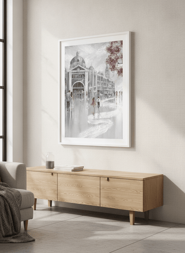 Artwork displayed above a credenza in a real-looking contemporary home
