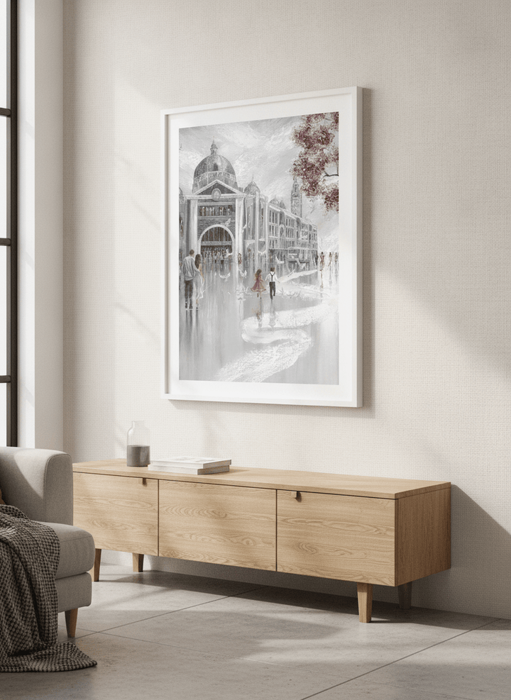 Artwork displayed above a credenza in a real-looking contemporary home