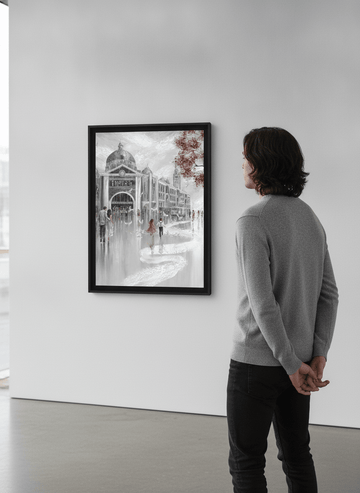 Person showcasing the artwork against a clean modern interior wall