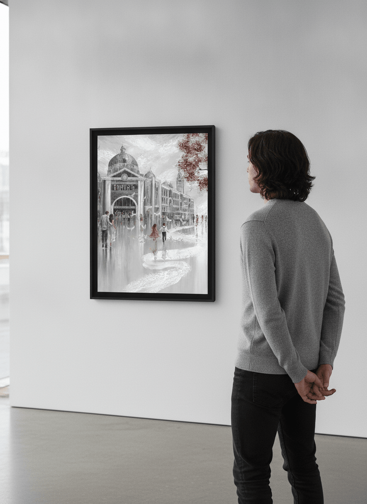 Person showcasing the artwork against a clean modern interior wall