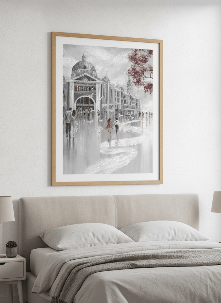 Minimalist artwork displayed in a calm, light-filled bedroom interior