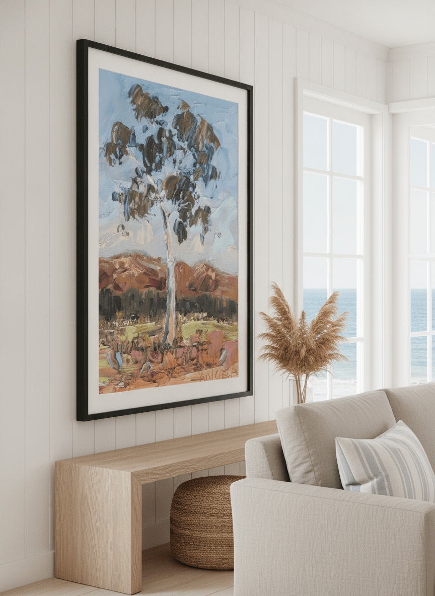 Neutral wall art displayed in a sunny coastal beach house