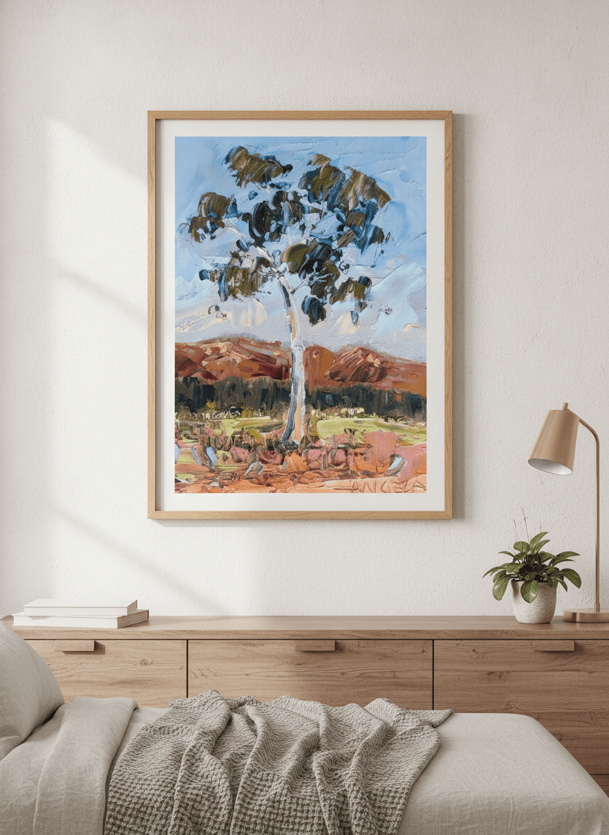 Minimalist artwork displayed in a calm, light-filled bedroom interior
