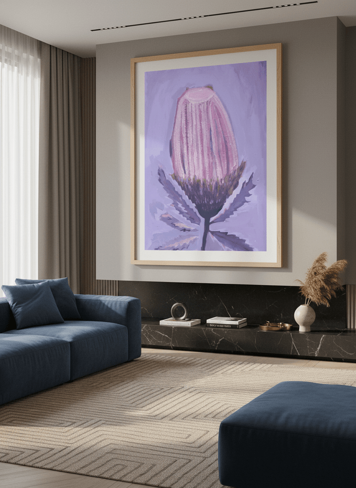 Monumental artwork centred on a feature wall in a luxe interior