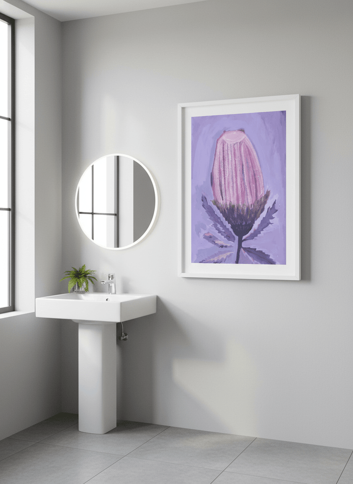 Modern print displayed in a clean minimalist bathroom setting
