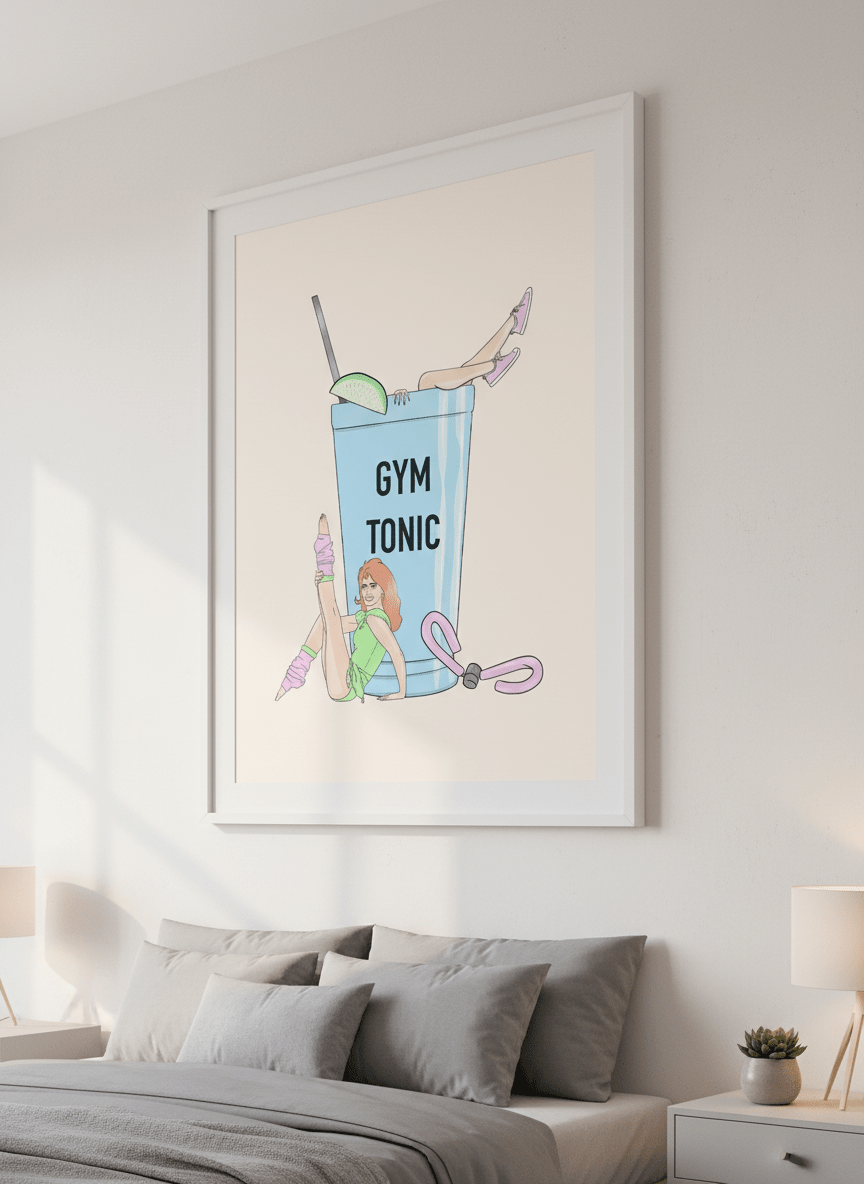 Minimalist artwork displayed in a calm, light-filled bedroom interior