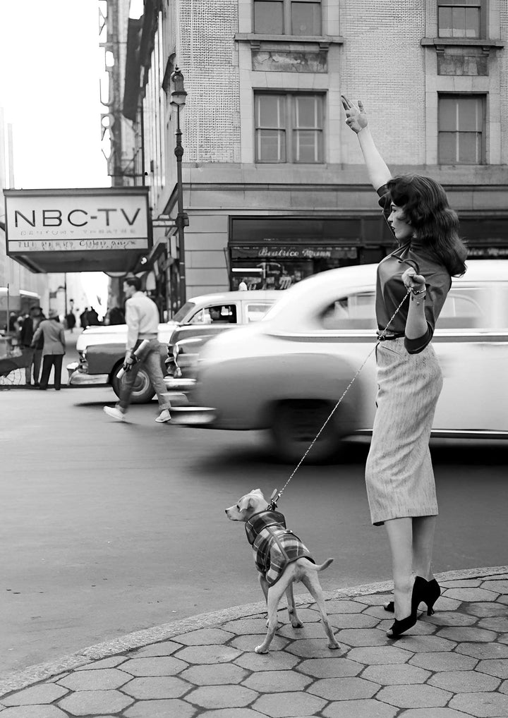 girl hailing cab busy street frame