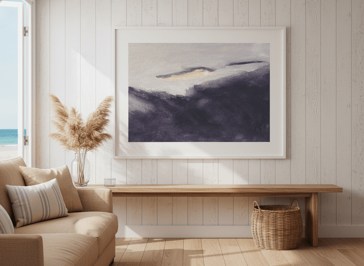 Neutral wall art displayed in a sunny coastal beach house