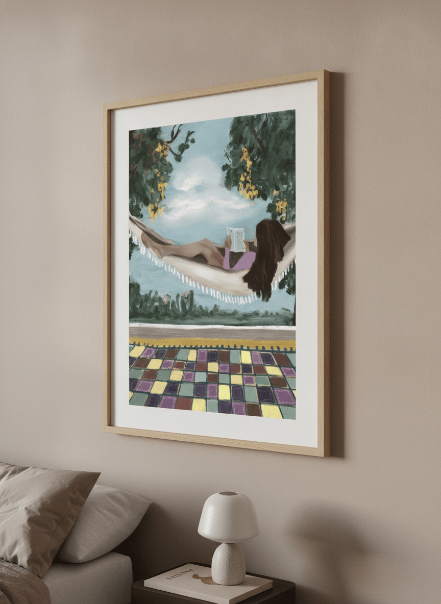 Minimalist artwork displayed in a calm, light-filled bedroom interior