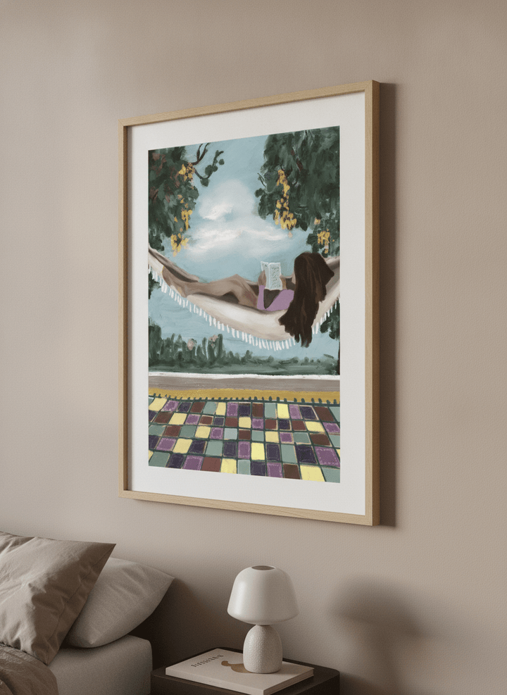 Minimalist artwork displayed in a calm, light-filled bedroom interior