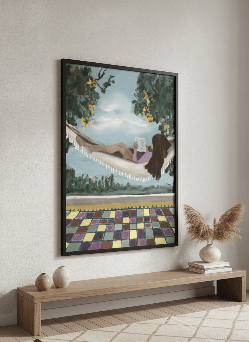 Modern wall art styled above a sofa in a neutral living room
