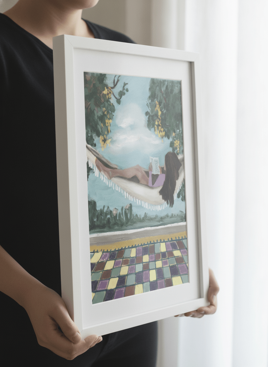 Person showcasing the artwork against a clean modern interior wall